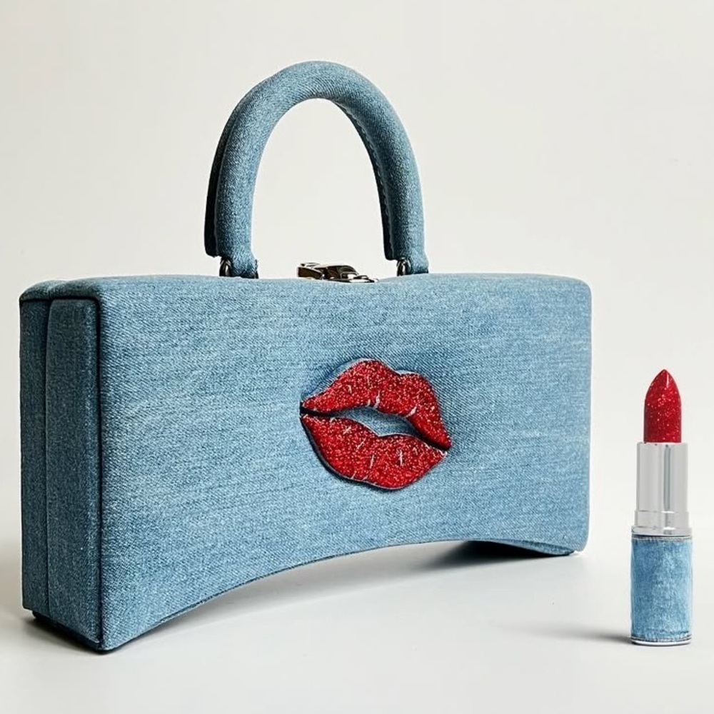 Custom Red Lip Denim Clutch Bag — Handmade Statement Purse